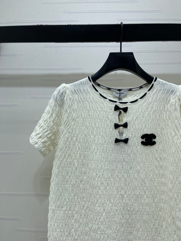 CC Bow-Tie Round Neck Knit Short-Sleeve Dress Set White in Viscose 387003
