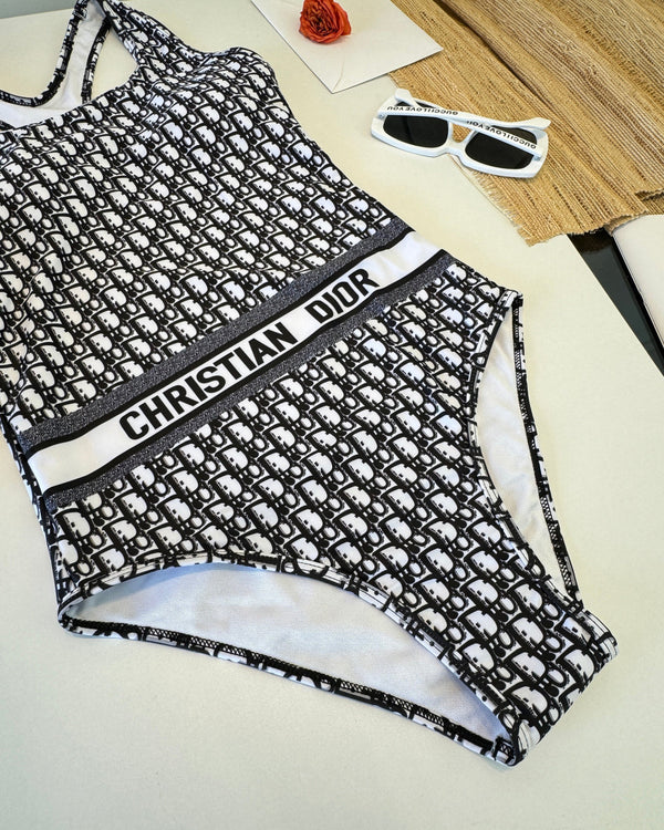 CD Oblique Print One-Piece Swimsuit Black in Polyamide 261388