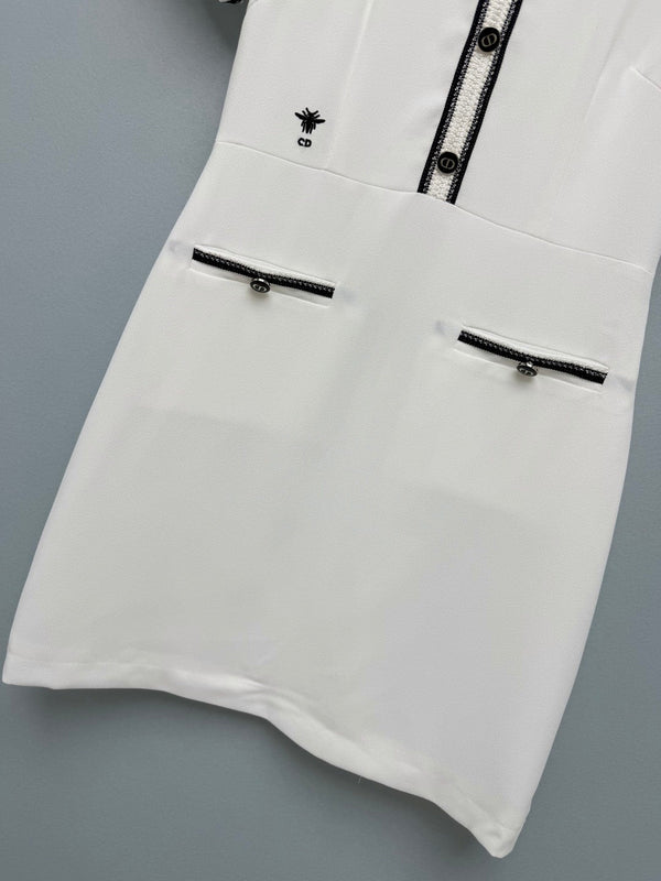 CD 26 Waist-Defining Short-Sleeve Dress White in Wool Knitwear and Cotton Blend 386807
