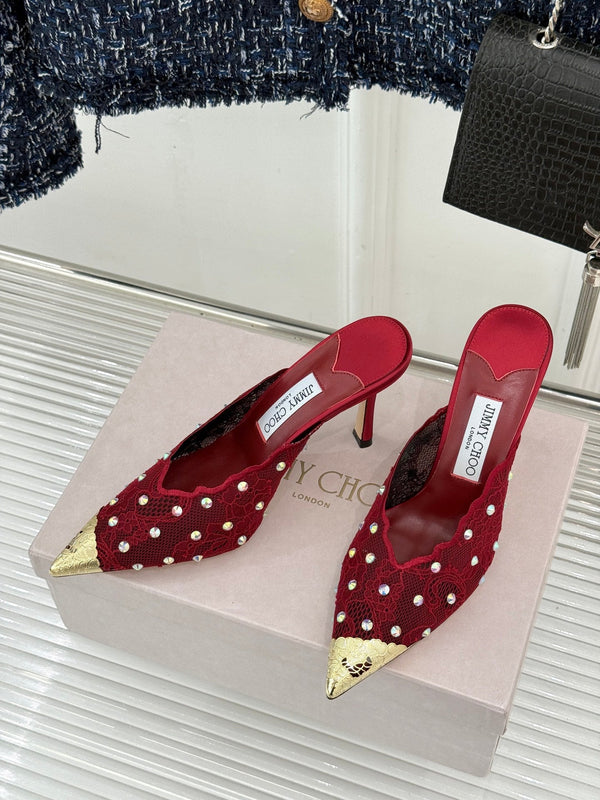 Jimmy Rhinestone Toe High-Heeled 10 Sandals Red in Lace Metallic 803385