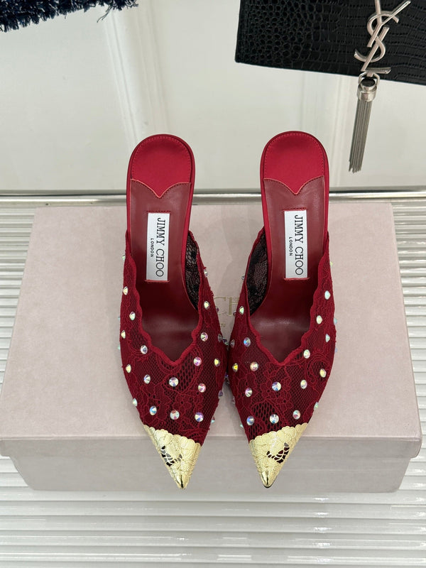 Jimmy Rhinestone Toe High-Heeled 10 Sandals Red in Lace Metallic 803385