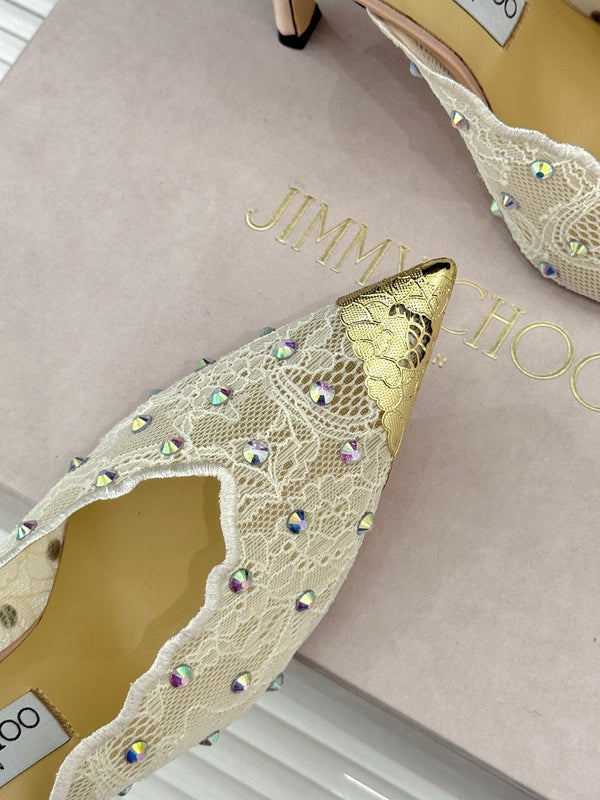Jimmy Rhinestone Toe High-Heeled 10 Sandals Beige in Lace Metallic 803386