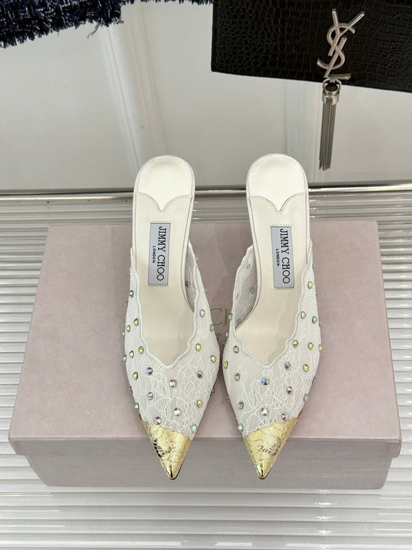 Jimmy Rhinestone Toe High-Heeled 10 Sandals White in Lace Metallic 803387