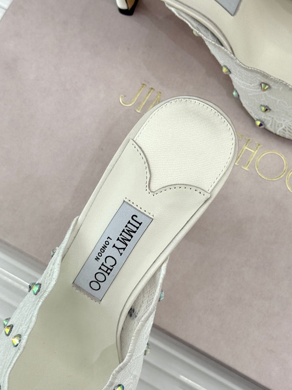 Jimmy Rhinestone Toe High-Heeled 10 Sandals White in Lace Metallic 803387