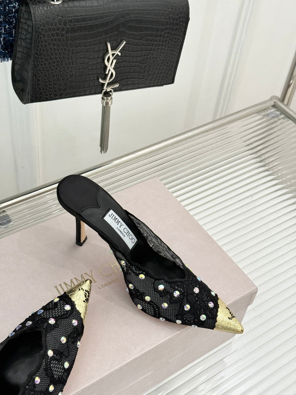 Jimmy Rhinestone Toe High-Heeled 10 Sandals Black in Lace Metallic 803388