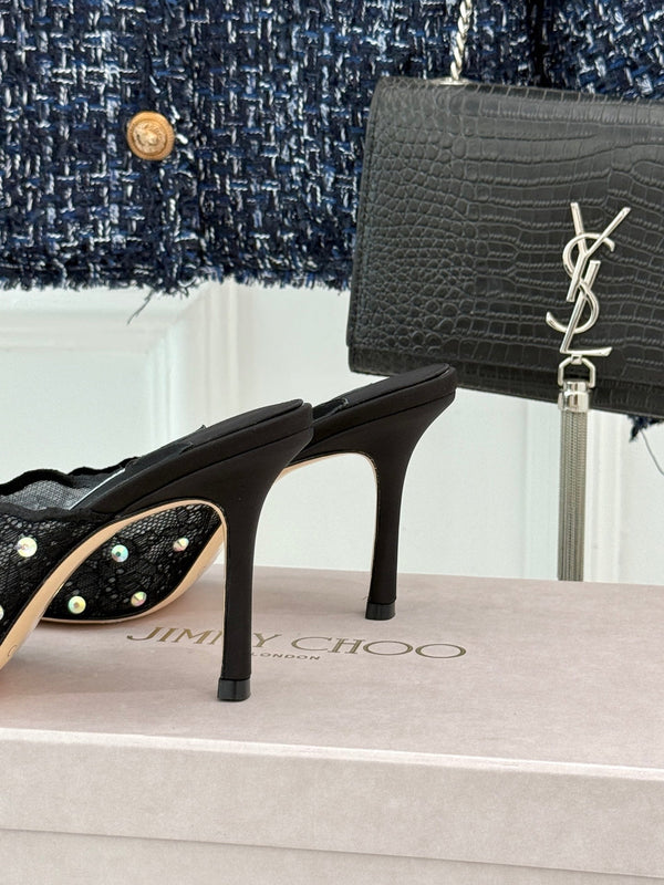 Jimmy Rhinestone Toe High-Heeled 10 Sandals Black in Lace Metallic 803388