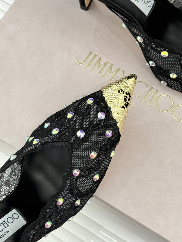 Jimmy Rhinestone Toe High-Heeled 10 Sandals Black in Lace Metallic 803388