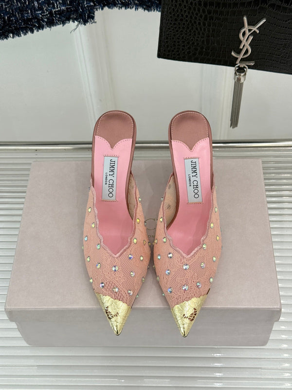 Jimmy Rhinestone Toe High-Heeled 10 Sandals Pink in Lace Metallic 803390