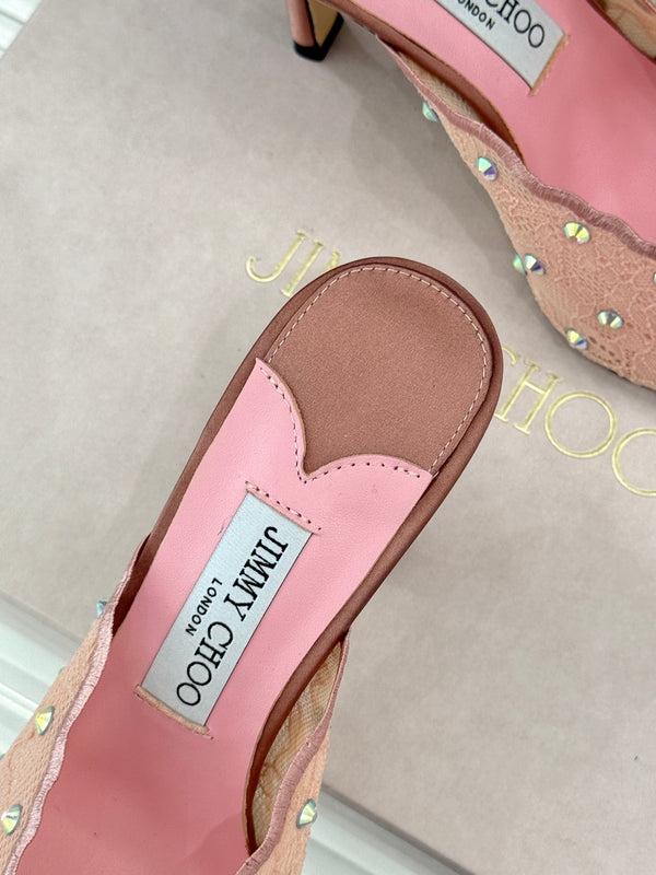 Jimmy Rhinestone Toe High-Heeled 10 Sandals Pink in Lace Metallic 803390