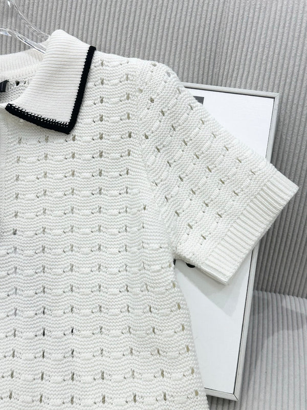 CC 26 Collared Color-blocked Knit Short-sleeved Top White in Wool 387624