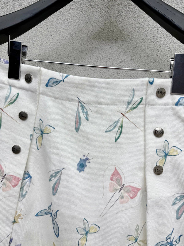 CD Printed Butterfly Midi Skirt White in Cotton 388395