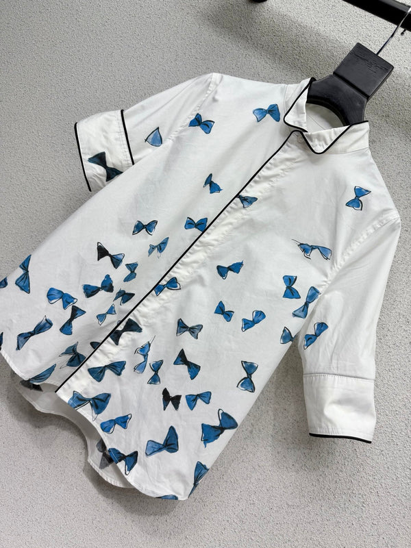 CD Blue Bow-print Short-sleeved Shirt in Cotton 388370