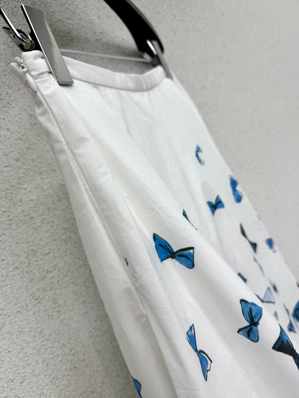 CD Blue Bow-print Short-sleeved Midi Skirt in Cotton 388378