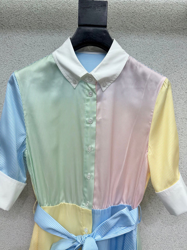 CD Color-blocked Striped Short-sleeved Dress in Polyester 388122