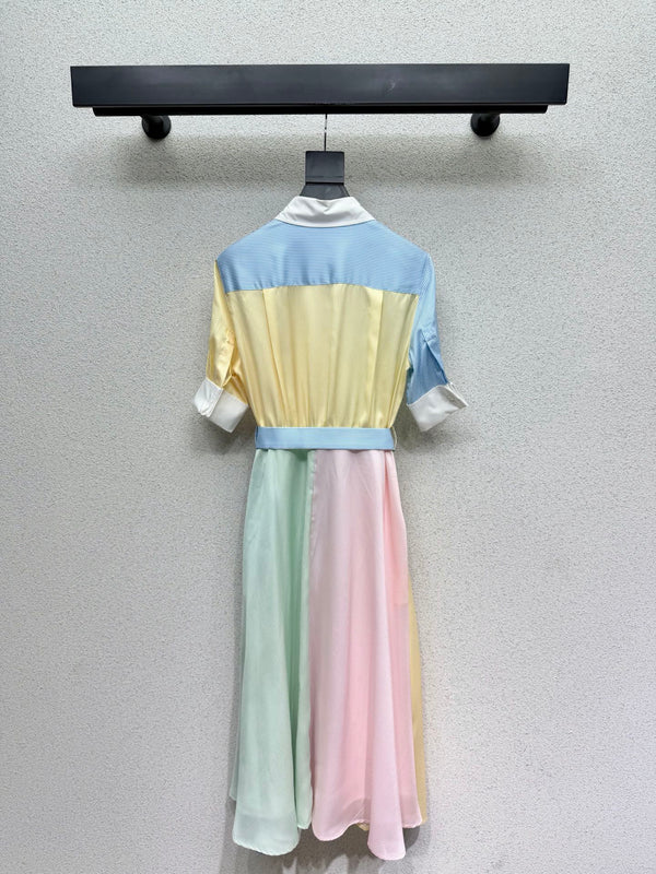CD Color-blocked Striped Short-sleeved Dress in Polyester 388122