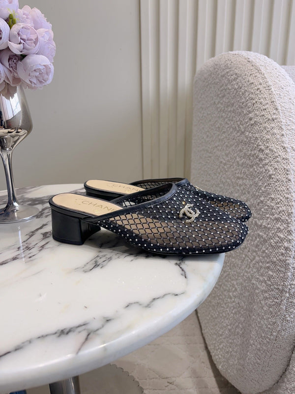 CC 26 Rhinestone Chunky Heel Mules 45mm Black in Mesh 808120