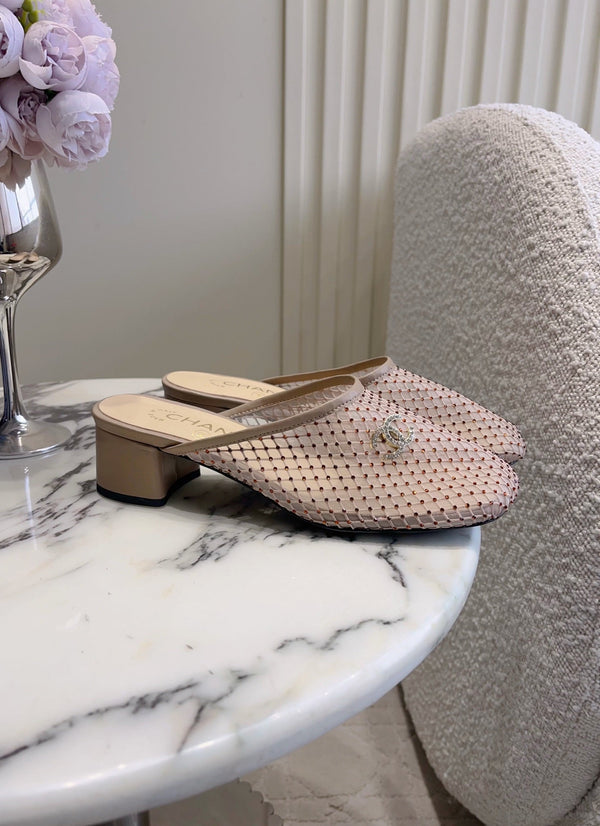 CC 26 Rhinestone Chunky Heel Mules 45mm Nude Pink in Mesh 808122