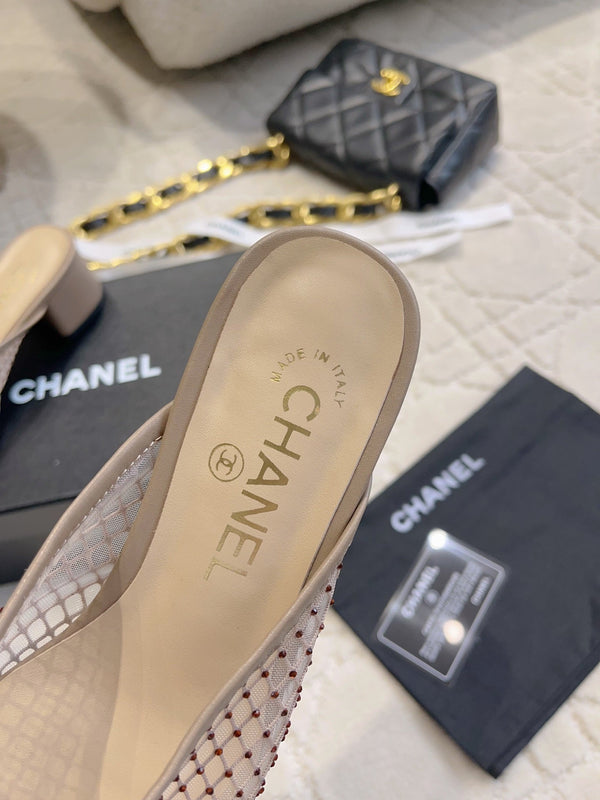 CC 26 Rhinestone Chunky Heel Mules 45mm Nude Pink in Mesh 808122