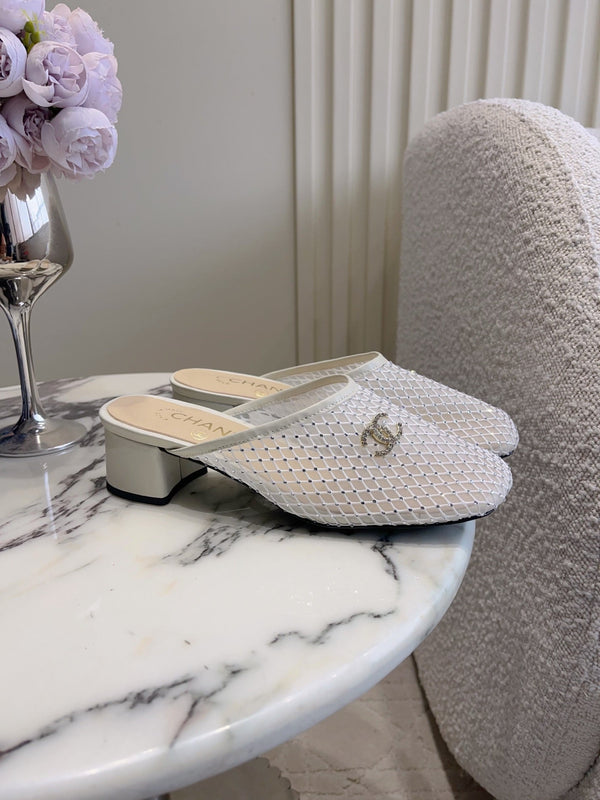 CC 26 Rhinestone Chunky Heel Mules 45mm White in Mesh 808123
