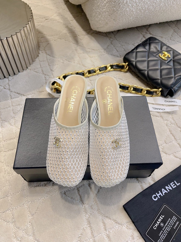 CC 26 Rhinestone Chunky Heel Mules 45mm White in Mesh 808123