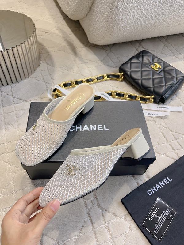 CC 26 Rhinestone Chunky Heel Mules 45mm White in Mesh 808123