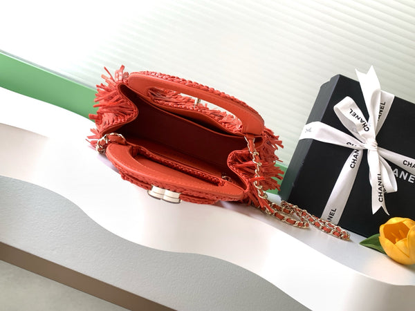 CC 2026 Mini Shopping Bag Red Raffia Fringe 289607