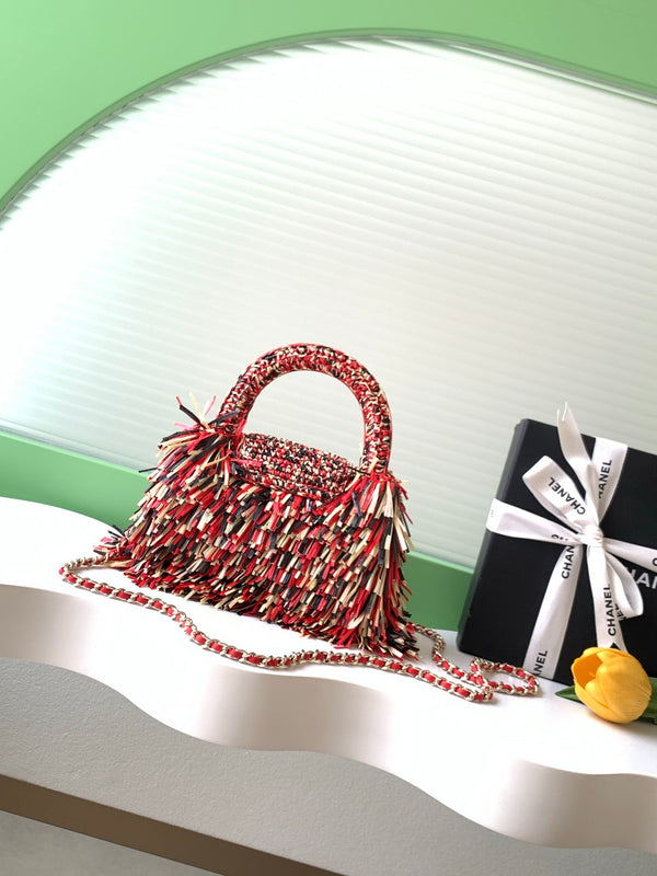 CC 2026 Mini Shopping Bag Red Beige Black Raffia Fringe 289603