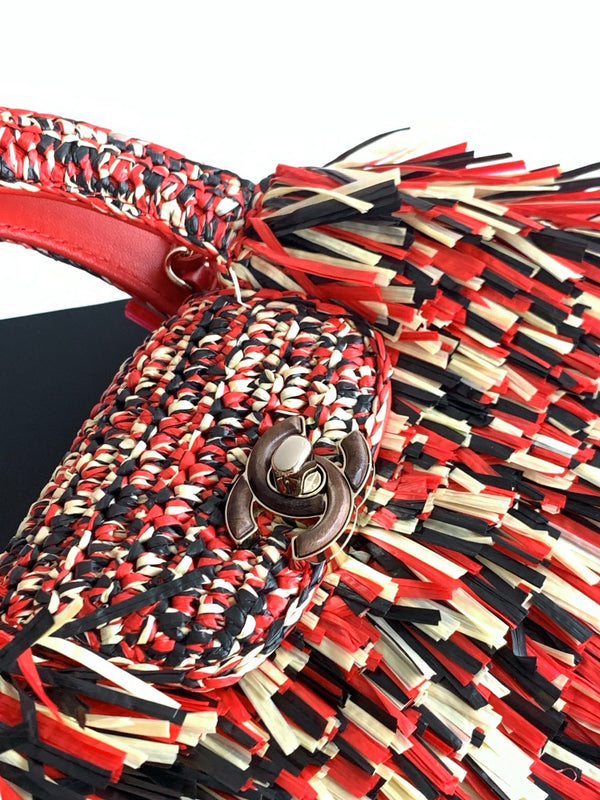 CC 2026 Mini Shopping Bag Red Beige Black Raffia Fringe 289603