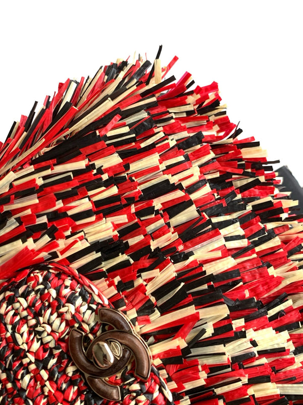 CC 2026 Mini Shopping Bag Red Beige Black Raffia Fringe 289603