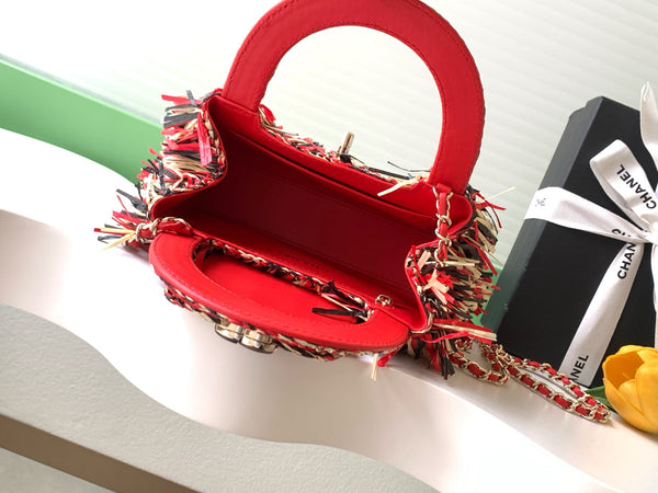 CC 2026 Mini Shopping Bag Red Beige Black Raffia Fringe 289603