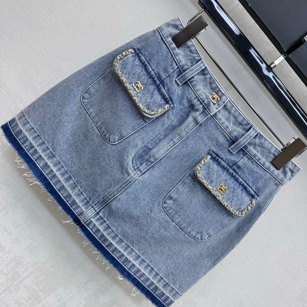 CC 26 Fringe-Edge Denim Midi Skirt Blue in Cotton 389542