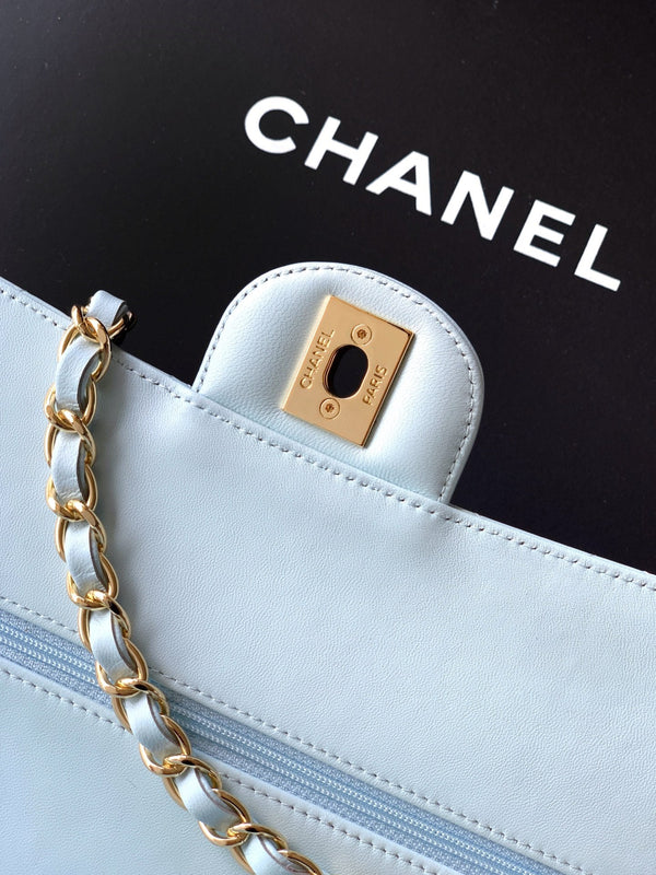 CC Flower Embellished Handbag 25.5cm Blue Lambskin