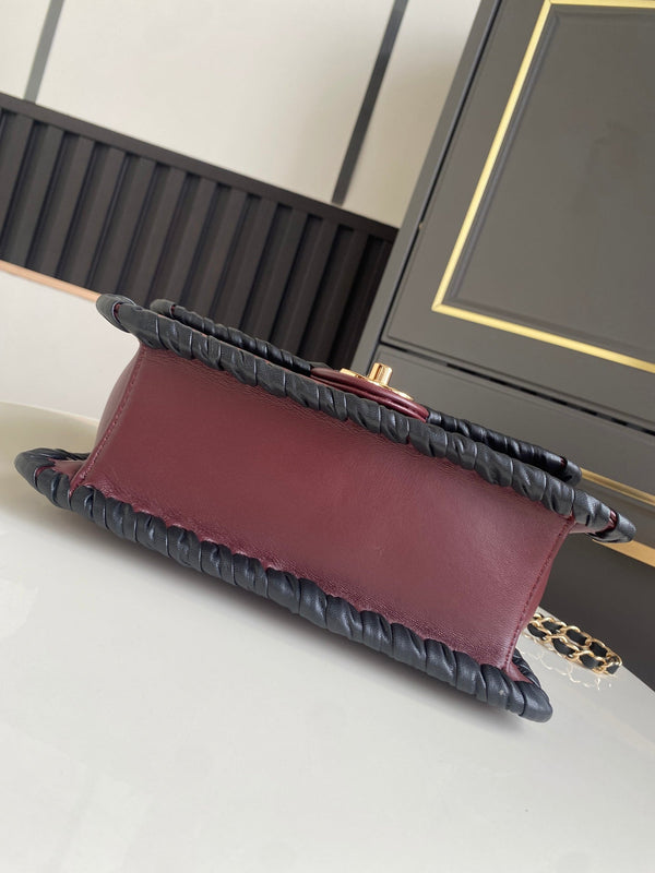 CC Flap Bag 22cm Burgundy Lambskin with Black Braided Trim