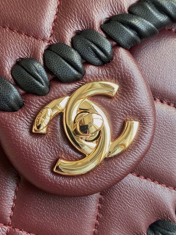 CC Flap Bag 15cm Burgundy Lambskin with Black Braided Trim