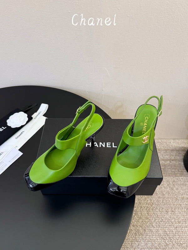 CC 26S Square-Toe Mary Jane Slingback Pumps Black Green Lambskin 835672