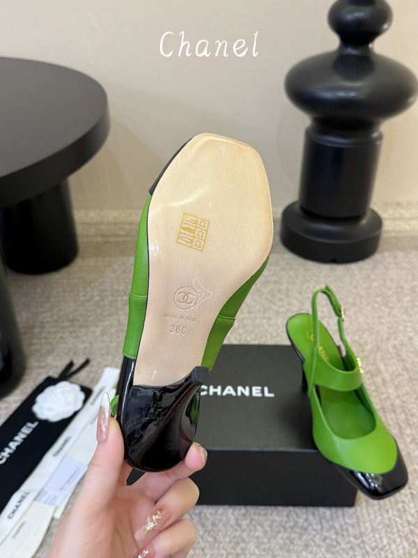 CC 26S Square-Toe Mary Jane Slingback Pumps Black Green Lambskin 835672