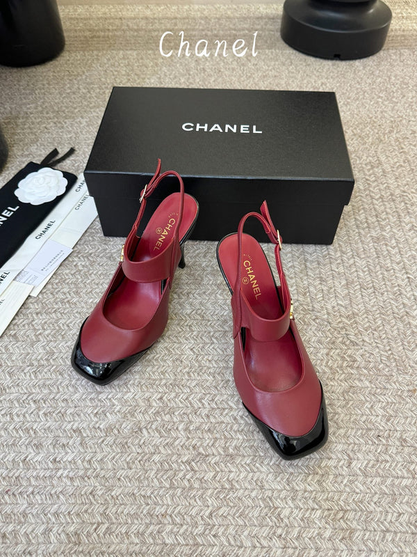 CC 26S Square-Toe Mary Jane Slingback Pumps Black Burgundy Lambskin 835671