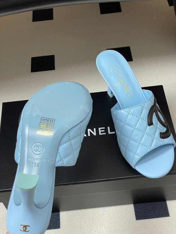 CC 26A Logo Quilted Heeled Sandals 8cm Blue Black Lambskin 834707