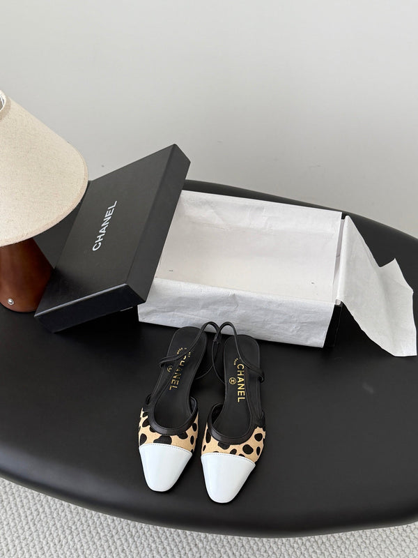 CC Slingback Flats Begie Black Spotted Calfskin 840029