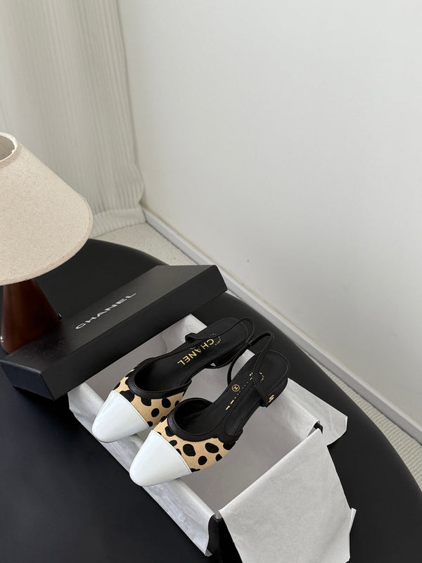 CC Slingback Flats Begie Black Spotted Calfskin 840029