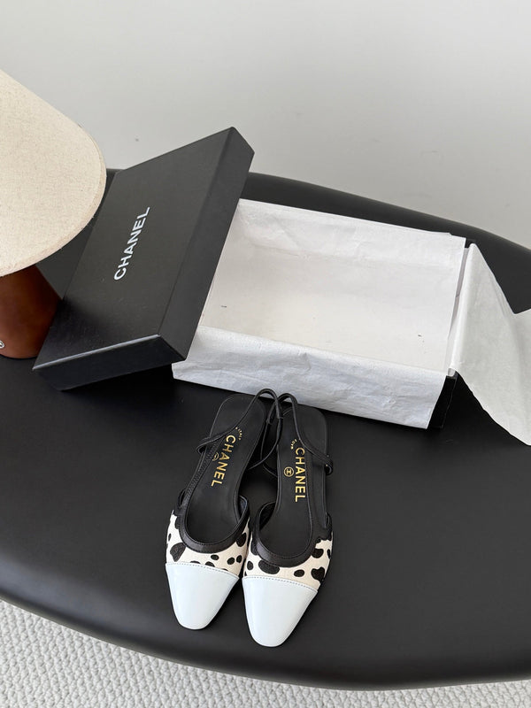 CC Slingback Flats Cream Black Spotted Calfskin 840028