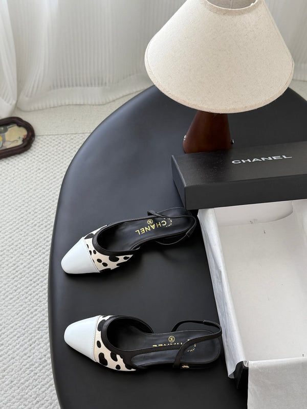 CC Slingback Flats Cream Black Spotted Calfskin 840028