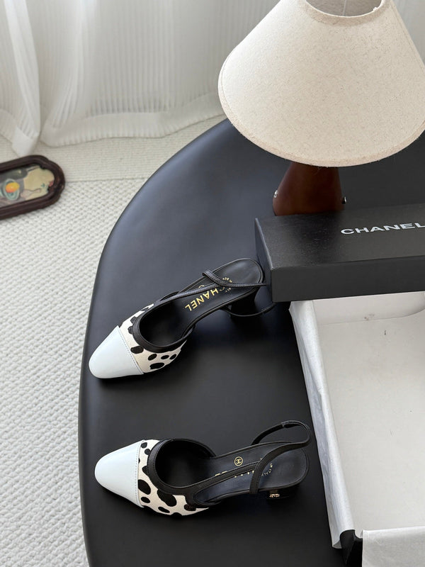 CC Slingback Pums Cream Black Spotted Calfskin 840022