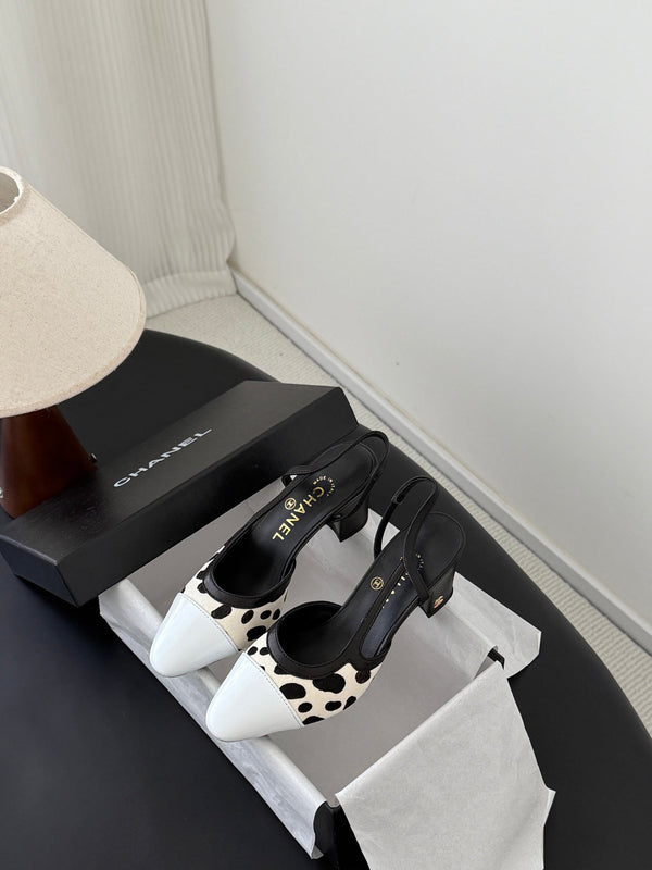 CC Slingback Pums Cream Black Spotted Calfskin 840022
