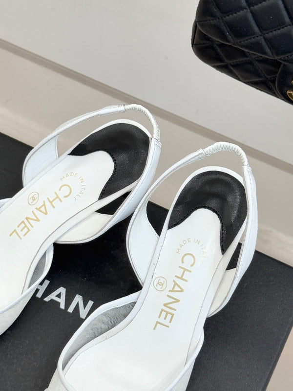 CC Mesh Slingback Pumps Pointed Toe Embossed Logo Calfskin 841967
