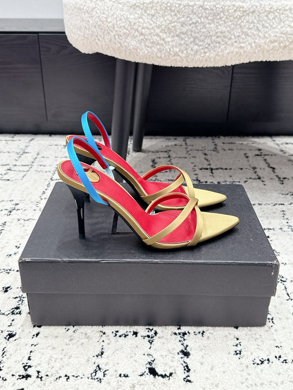 YSL Kirat Cross-Strap Stiletto Sandals 9.5cm Red Begie Cowhide Leather 847156