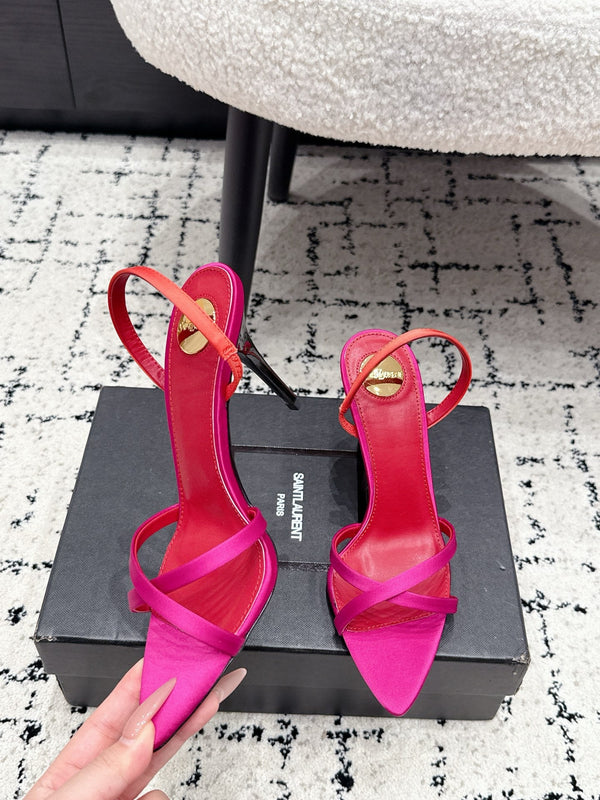YSL Kirat Cross-Strap Stiletto Sandals 9.5cm Red Pink Cowhide Leather 847155