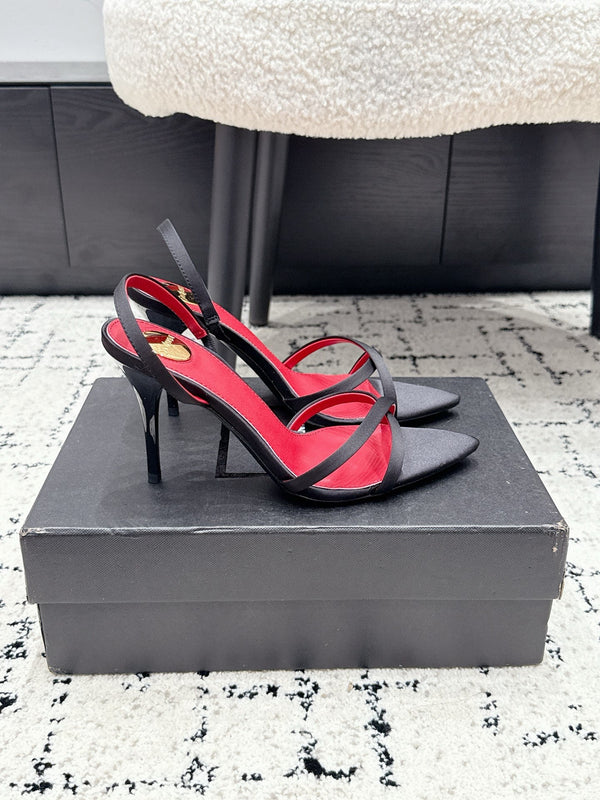 YSL Kirat Cross-Strap Stiletto Sandals 9.5cm Red Black Cowhide Leather 847154