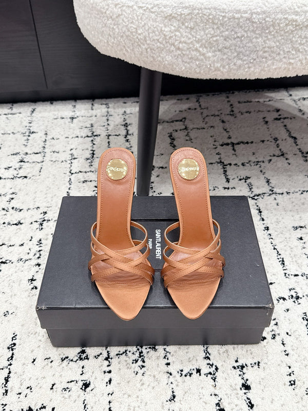 YSL Kirat Cross-Strap Stiletto Mules 10.5cm Light Brown Cowhide Leather 847150