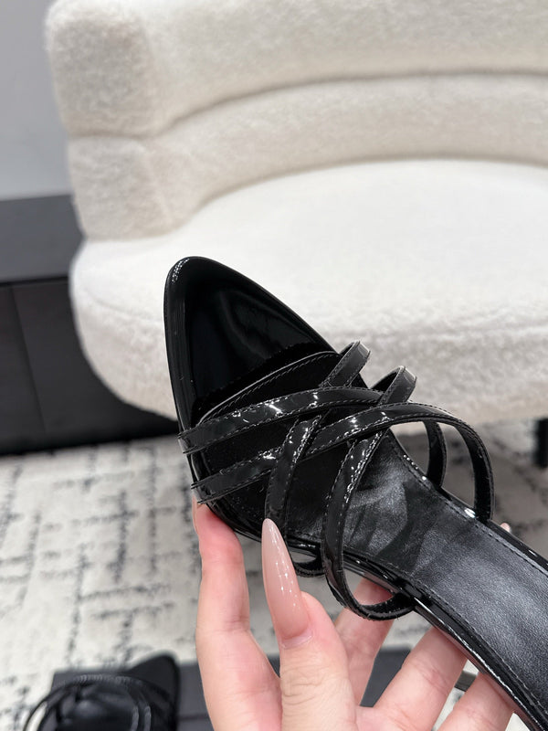 YSL Kirat Cross-Strap Stiletto Mules 10.5cm Black Patent Cowhide Leather 847149